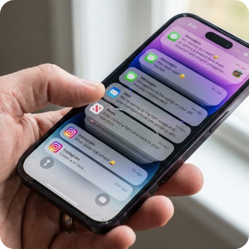 Phone crowded with habit tracker and fitness app notifications that never get opened